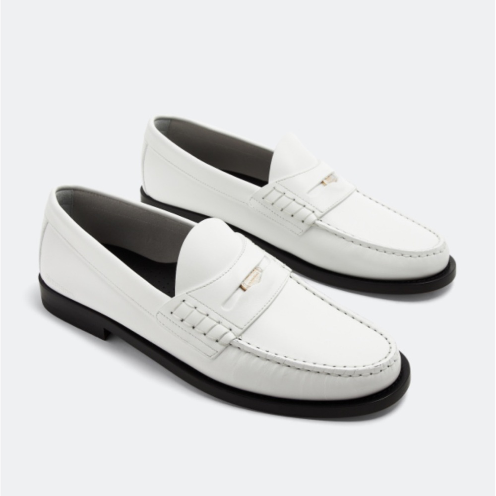 Burberry White Leather Penny Loafers with Gold Accent